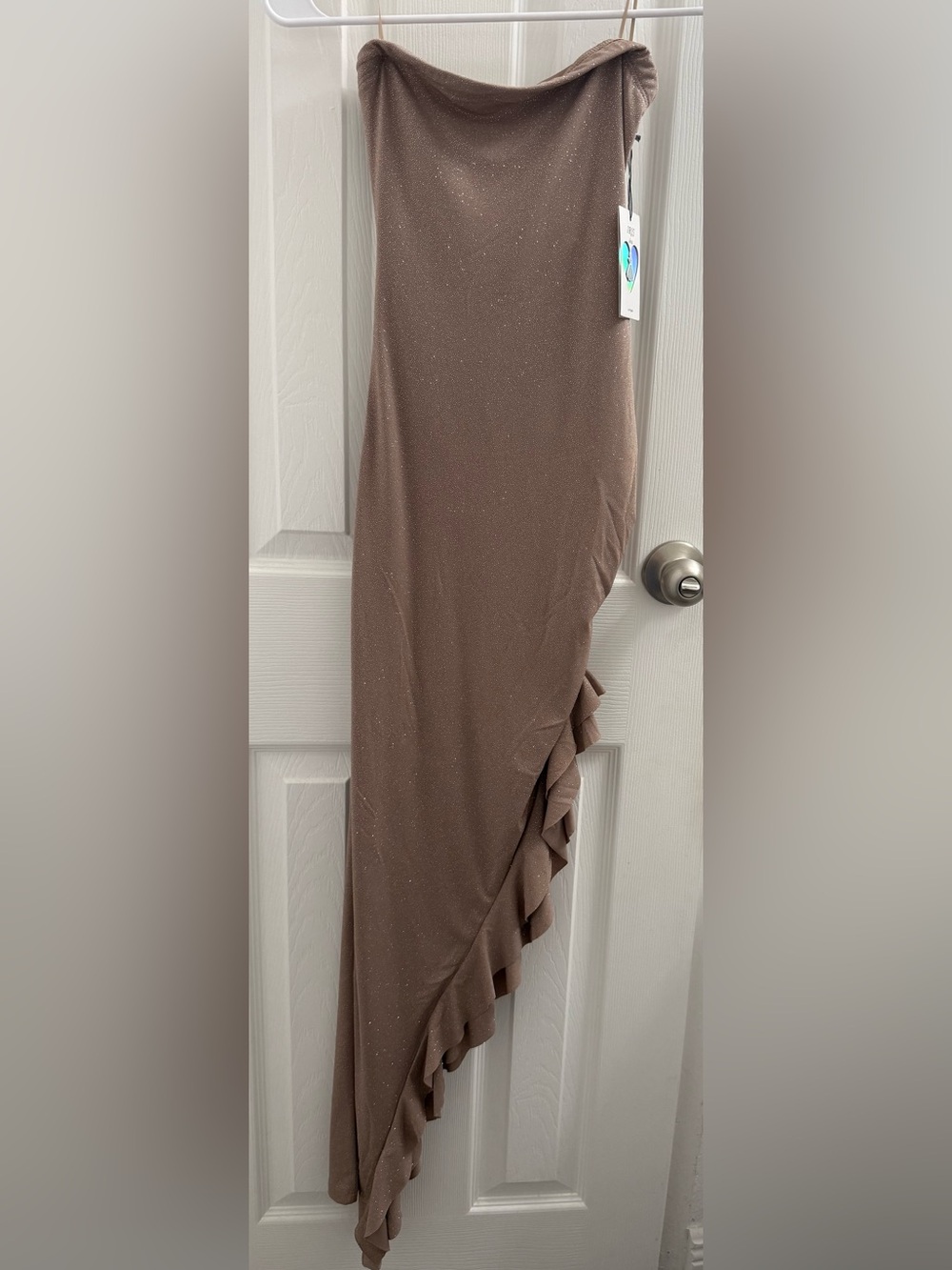 Sparkle Ruffle Midi asymmetrical dress in Taupe